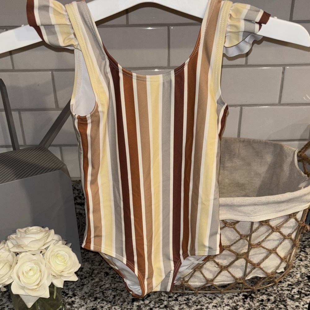 Rylee + Cru Brown and Cream Striped Kids Swim One Piece